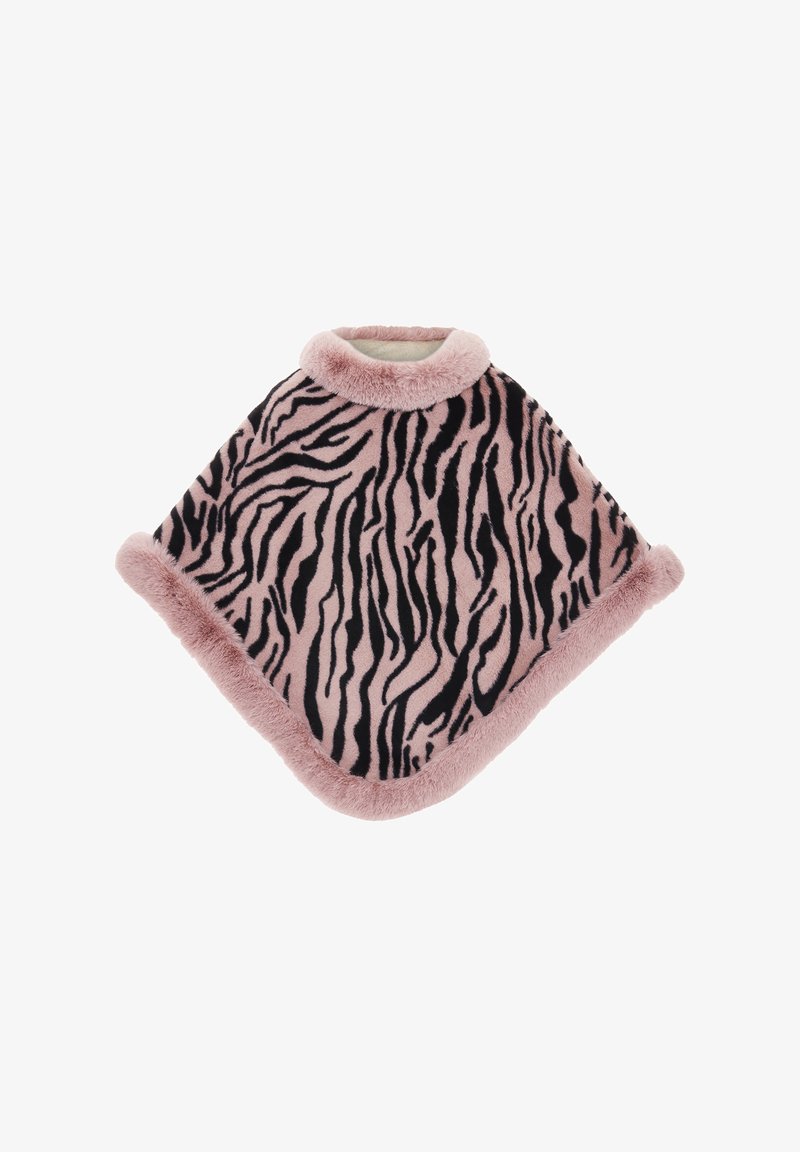 Poncho din blană artificială roz, cu un model de dungi zebra negre, având un guler moale și rotunjit și o margine pufoasă de-a lungul marginilor.