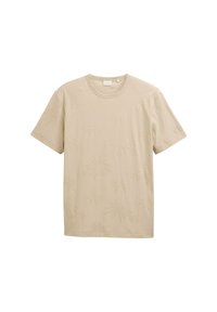 Tricou din bumbac bej, cu un model texturat de palmier, mâneci scurte și guler rotund. Material neted, cu o croială lejeră.