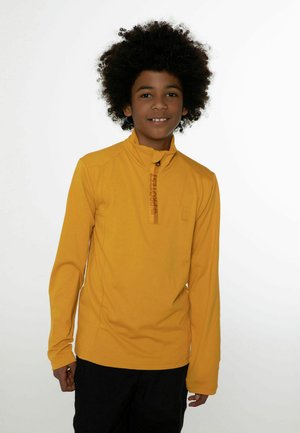 Pullover à manches longues et col montant en tissu jaune vif avec fermeture éclair et accent logo. Texture lisse et design ajusté.