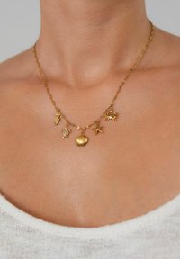 Gouden ketting met allerlei mariene hangers: zeepaardje, schildpad, schelp, zeester en krab, met een gestructureerde afwerking.