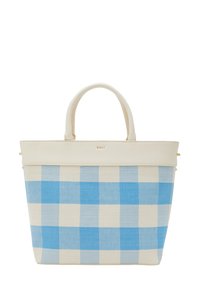 Borsa a quadri blu e bianca con forma strutturata, parte superiore in pelle, manici doppi e un sottile dettaglio con logo dorato. Materiale in tela testurizzata.