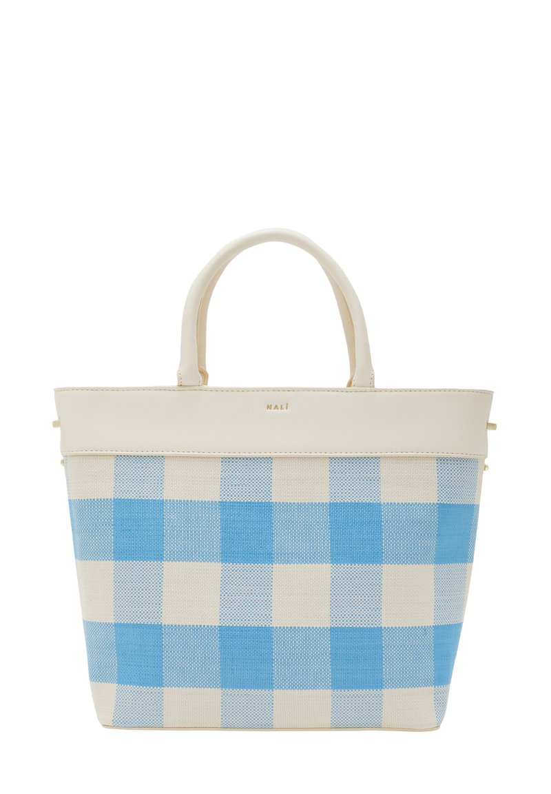 Borsa a quadri blu e bianca con forma strutturata, parte superiore in pelle, manici doppi e un sottile dettaglio con logo dorato. Materiale in tela testurizzata.