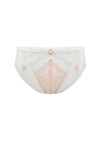 Bikini w stylu majtek z koronki i siateczki, z jasnoróżowym akcentem na środku, białym wykończeniem, falbankami i ozdobnym detalem w postaci pierścienia.