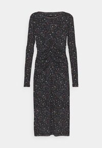 Mustassa pitkähihaisessa mekossa on kukkakuvio eri väreissä, kerroksellinen yksityiskohta vyötäröllä ja istuva siluetti.