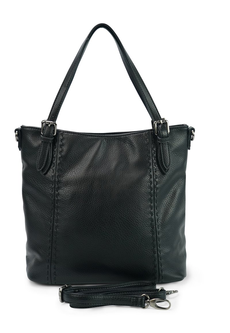 Zwarte leren tote bag met een gestructureerde afwerking, voorzien van twee schouderbanden, zijdelingse stikdetails en een afneembare schouderriem.