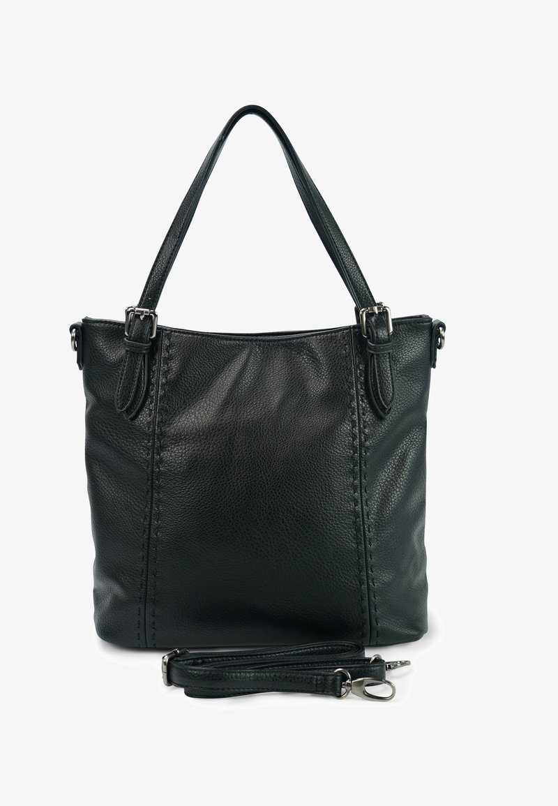 Zwarte leren tote bag met een gestructureerde afwerking, voorzien van twee schouderbanden, zijdelingse stikdetails en een afneembare schouderriem.