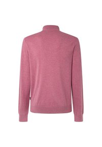 Pullover rosa a maniche lunghe con colletto alto, realizzato in materiale morbido. Presenta polsini e orlo a costine, con una struttura semplice e senza motivi.