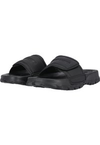 Black slide sandals with a wide strap and textured rubber sole. Features an embossed logo on the strap and a grooved outsole for traction.