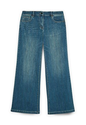 Jeans in denim blu a gamba larga con una finitura sbiadita. Presentano passanti per cintura, tasche frontali e orlo dritto. Tessuto testurizzato.