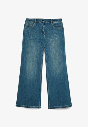 Bredde ben blå denim jeans med en falmet finish. Funktioner inkluderer bælteløkker, forlommer og en lige nederste kant. Tekstureret stof.