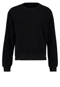 Sudadera negra con cuello redondo, mangas largas raglán y puños y dobladillo acanalados; hecha de una suave tela texturizada.