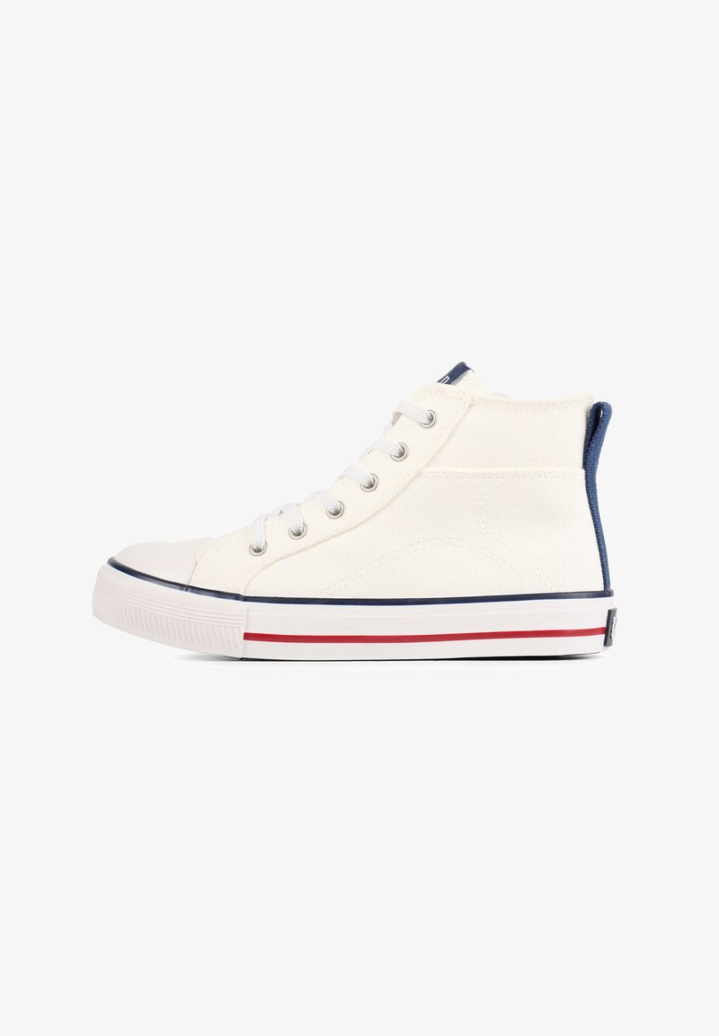 High-top canvas sneaker in off-white with a navy blue heel accent, rubber toe cap, and a striped red and navy sole. Laced design.