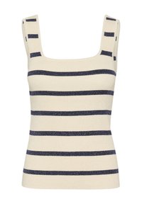Débardeur rayé crème avec des lignes navy. Encolure carrée, bretelles larges, texture côtelée, et design ajusté avec une légère brillance.
