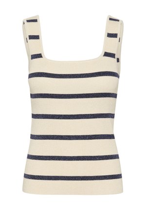 Gestreept tanktop in roomkleur met marineblauwe lijnen. Vierkante halslijn, dikke banden, geribbelde textuur en een getailleerd ontwerp met een lichte glans.