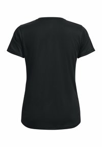 Black short-sleeve t-shirt with a rounded neckline. Smooth texture; back view shows a clean, minimalist design with no patterns or accents.