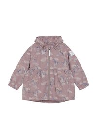 Veste à capuche rose avec un motif de licorne et de nuages, poignets élastiques, fermeture éclair sur toute la longueur à l'avant et taille froncée pour une silhouette évasée.