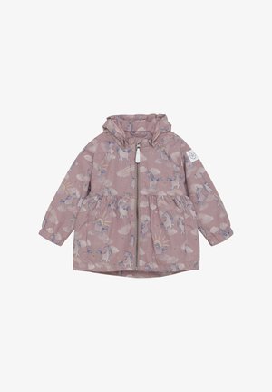 Roze hoodie met een eenhoorn- en wolkenpatroon, elastische manchetten, een volledige rits aan de voorkant en een gerimpelde taille voor een uitlopende silhouet.