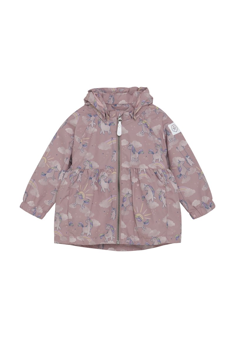 Veste à capuche rose avec un motif de licorne et de nuages, poignets élastiques, fermeture éclair sur toute la longueur à l'avant et taille froncée pour une silhouette évasée.