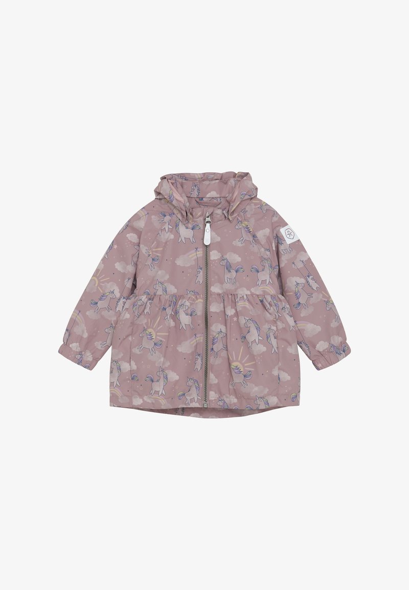 Rosa huva jacka med mönster av unicorn och moln, elastiska manschetter, fullständig framdragkedja och samlad midja för en utsvängd silhuett.