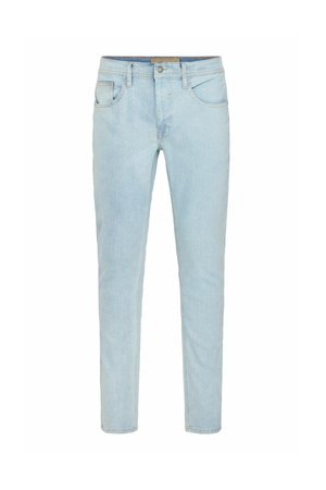 Jeans in denim azzurro chiaro a taglio dritto, con tasche frontali, chiusura a un bottone e leggeri effetti di sbiadimento su tutta la stoffa.
