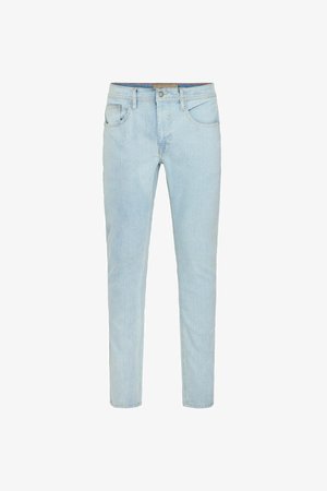 Jasnoniebieskie jeansy z prostym krojem, z przednimi kieszeniami, z pojedynczym zapięciem na guzik oraz delikatnym przetarciem na całej tkaninie.