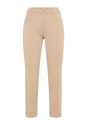 Beige high-waist straight-leg pants with front button, zipper, and side and back pockets, displayed on a plain white background.