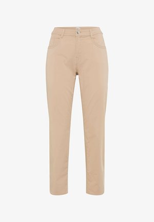 Beige broek met rechte pijpen en hoge taille, voorzien van een knoopsluiting aan de voorkant, rits, en zij- en achterzakken, weergegeven tegen een effen witte achtergrond.