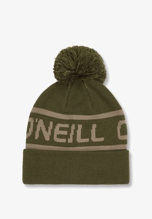 Bonnet en tricot vert avec un pompon en haut, présentant une bande beige contrastante avec le texte "O'Neill" en lettres majuscules.