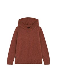 Sudadera de color óxido, hecha de tejido de punto, con un escote amplio, mangas largas y un acabado texturizado con sutiles motas.