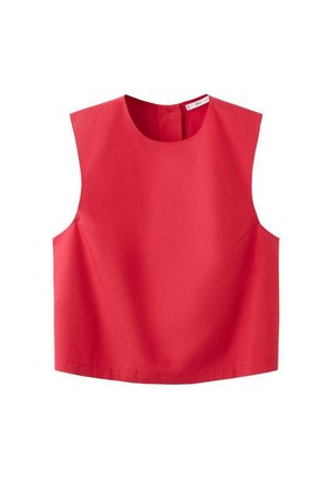 Top roșu fără mâneci realizat dintr-un material neted, cu gât rotund, croială lejeră și detalii minime de cusături pe părțile laterale.