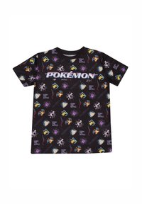 Černé tričko s barevným vzorem Pokémonů, s textem "POKÉMON" a "PŘIPRAVEN NA BOJ" v tučném písmu přes hruď.