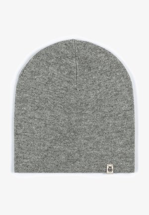 Gray knitted beanie made from soft material, featuring a rounded crown and a small branded tag at the bottom right corner.