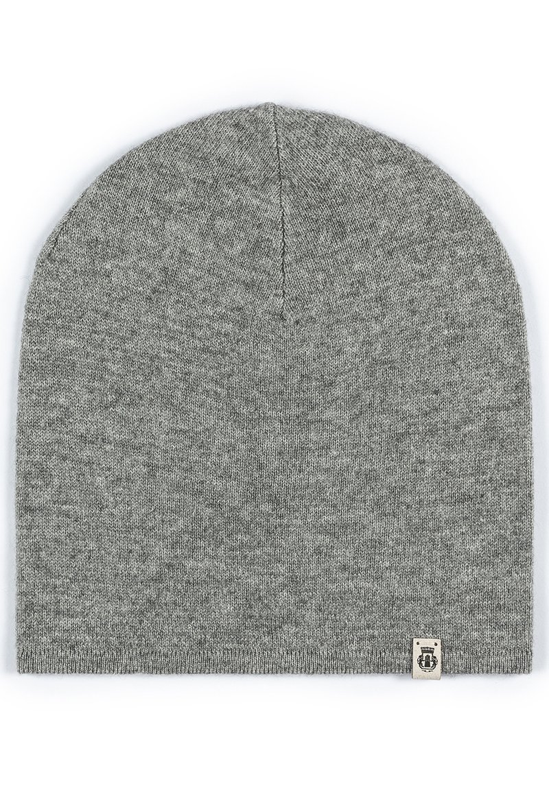 Gray knitted beanie made from soft material, featuring a rounded crown and a small branded tag at the bottom right corner.
