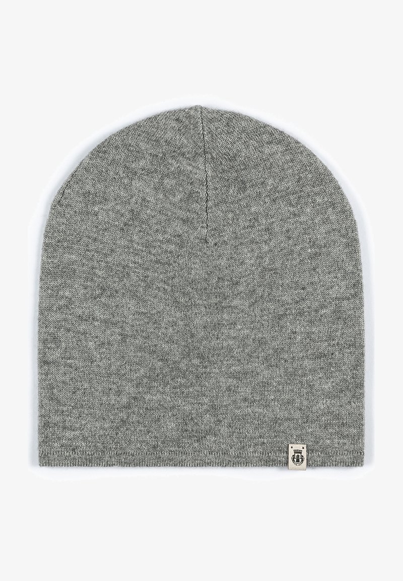 Gray knitted beanie made from soft material, featuring a rounded crown and a small branded tag at the bottom right corner.
