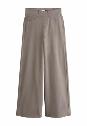 Wide-leg trousers in a muted brown color, made from a soft, smooth fabric, featuring a standard waistband and front pockets.