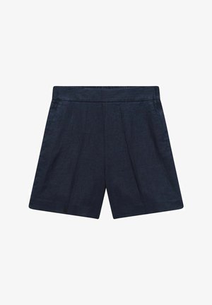 Navy blue linen shorts with a relaxed fit, featuring front pleats and a flat waistband. Smooth texture and knee-length design.