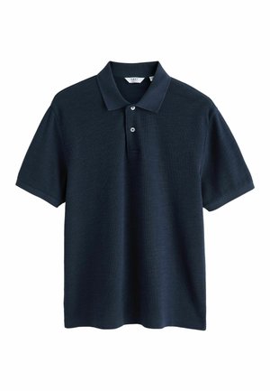 Marineblaue kurzärmlige Polohemd mit Kragen und Zwei-Knopf-Leiste, gefertigt aus strukturiertem Stoff.