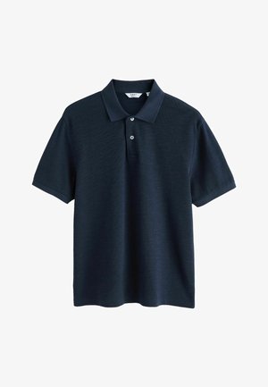 Navy blue short-sleeve polo shirt with a collar and two-button placket, made of textured fabric.