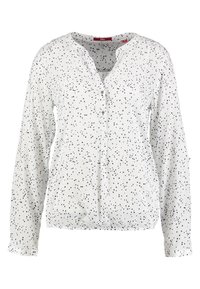 Blouse blanche à manches longues avec motif d'étoiles noires, col rond et ouverture partielle boutonnée sur le devant.