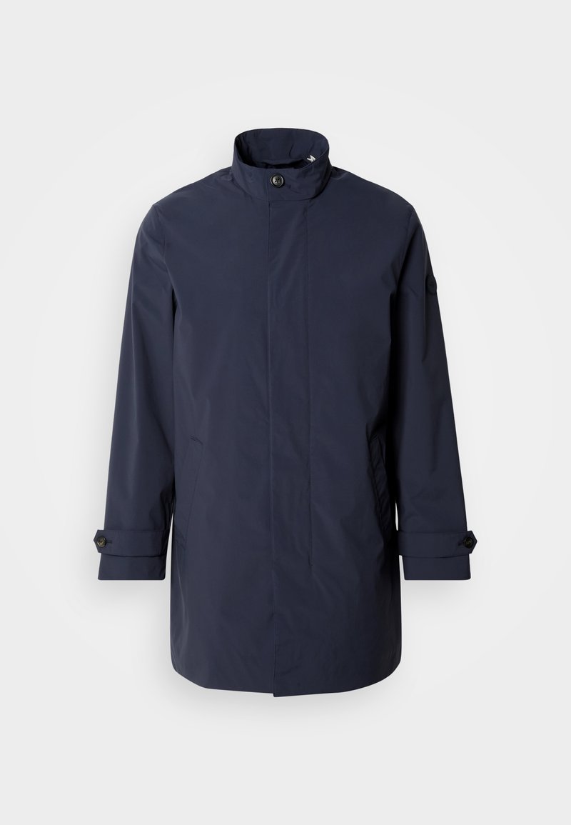 Navy waterproof jacket with a high collar, front button closure, side pockets, and adjustable cuffs. Smooth texture with a minimalist design.
