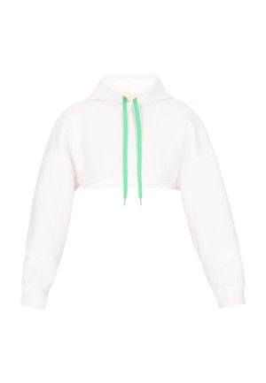 Witte cropped hoodie met lange mouwen, een trekkoordcapuchon en groene trekkoorden. Gemaakt van zacht materiaal met een gladde textuur.