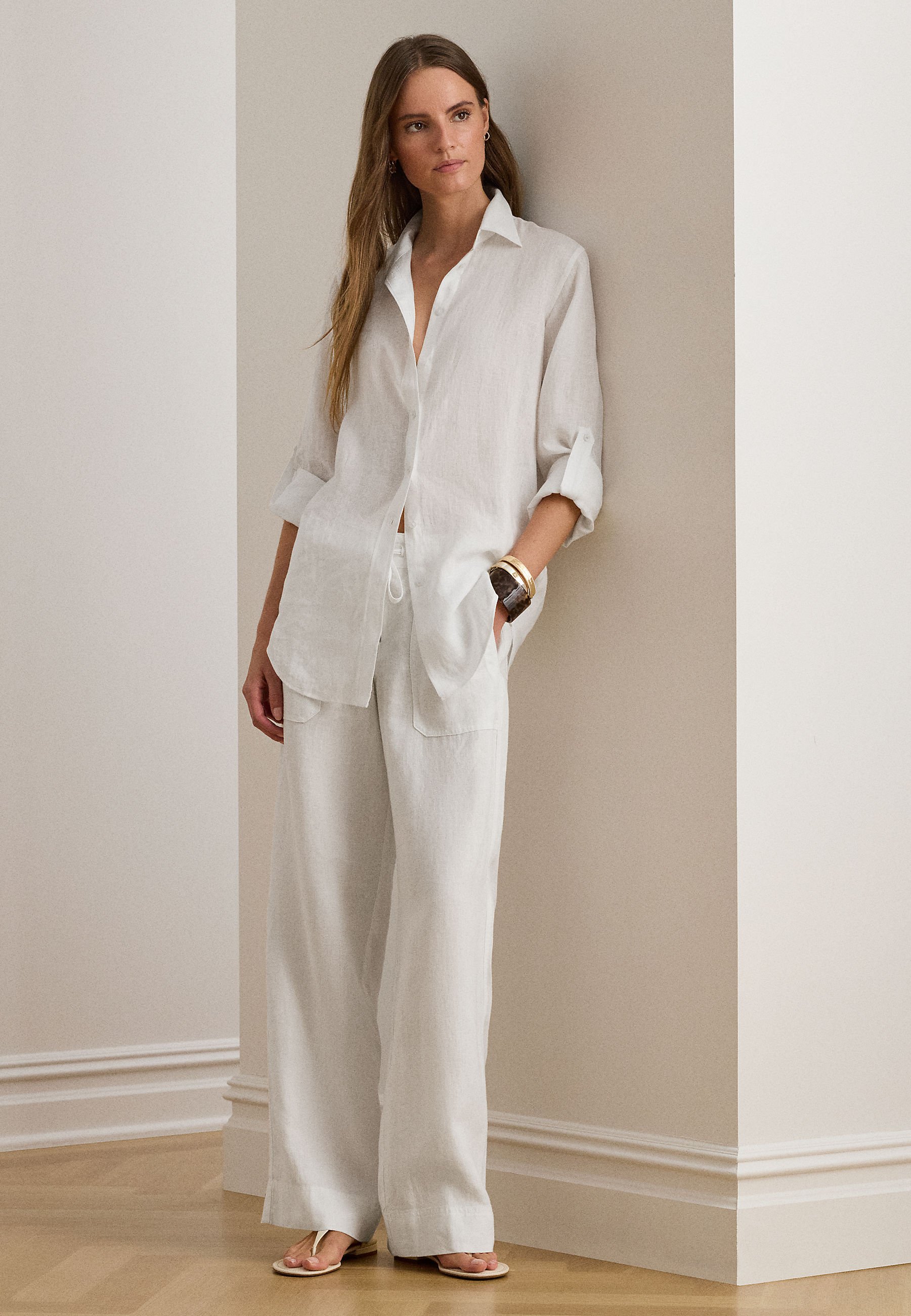 Lauren Ralph Lauren LINEN WIDE LEG PANT - Trousers - white