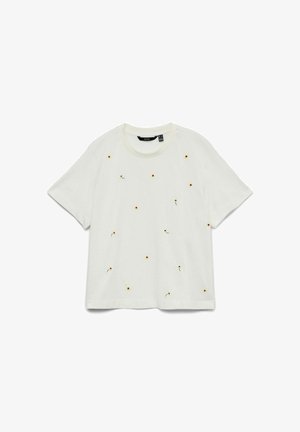 Hvid kortærmet T-shirt med spredt små gul blomst broderi og rund halsudskæring, lagt fladt på en hvid baggrund.