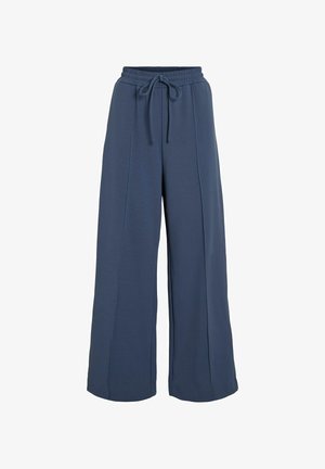 Pantaloni larghi, blu navy, realizzati in tessuto morbido con vita elastica e cordino. Presentano due cuciture verticali per un tocco di stile.