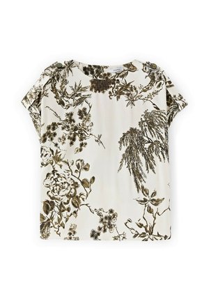 Witte blouse met korte mouwen, met zwarte en bruine botanische print en knoopdetails op de schouders.