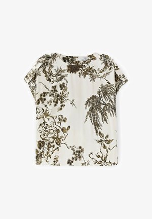 Weißes kurzärmeliges Bluse mit schwarzem und braunem botanischem Muster und Knopfdetails an den Schultern.