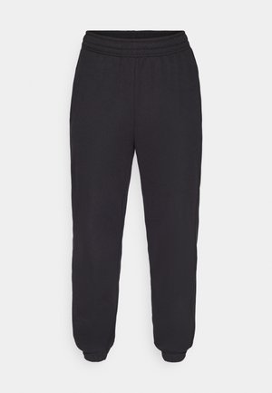 Black athletic pants with an elastic waistband, tapered leg cuffs, smooth fabric, and no visible patterns or hardware details.