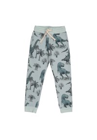 Light blue children's pants with dinosaur and palm tree prints, featuring an elastic waistband with drawstring and ribbed ankle cuffs.