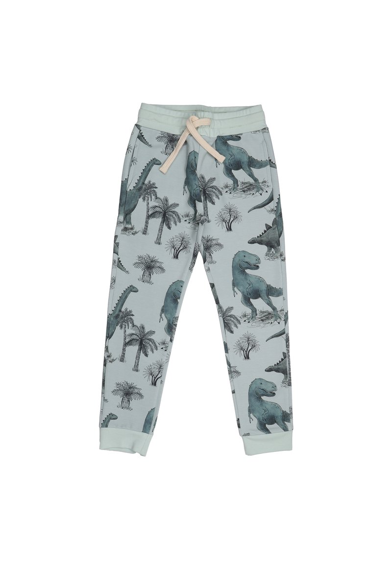 Light blue children's pants with dinosaur and palm tree prints, featuring an elastic waistband with drawstring and ribbed ankle cuffs.