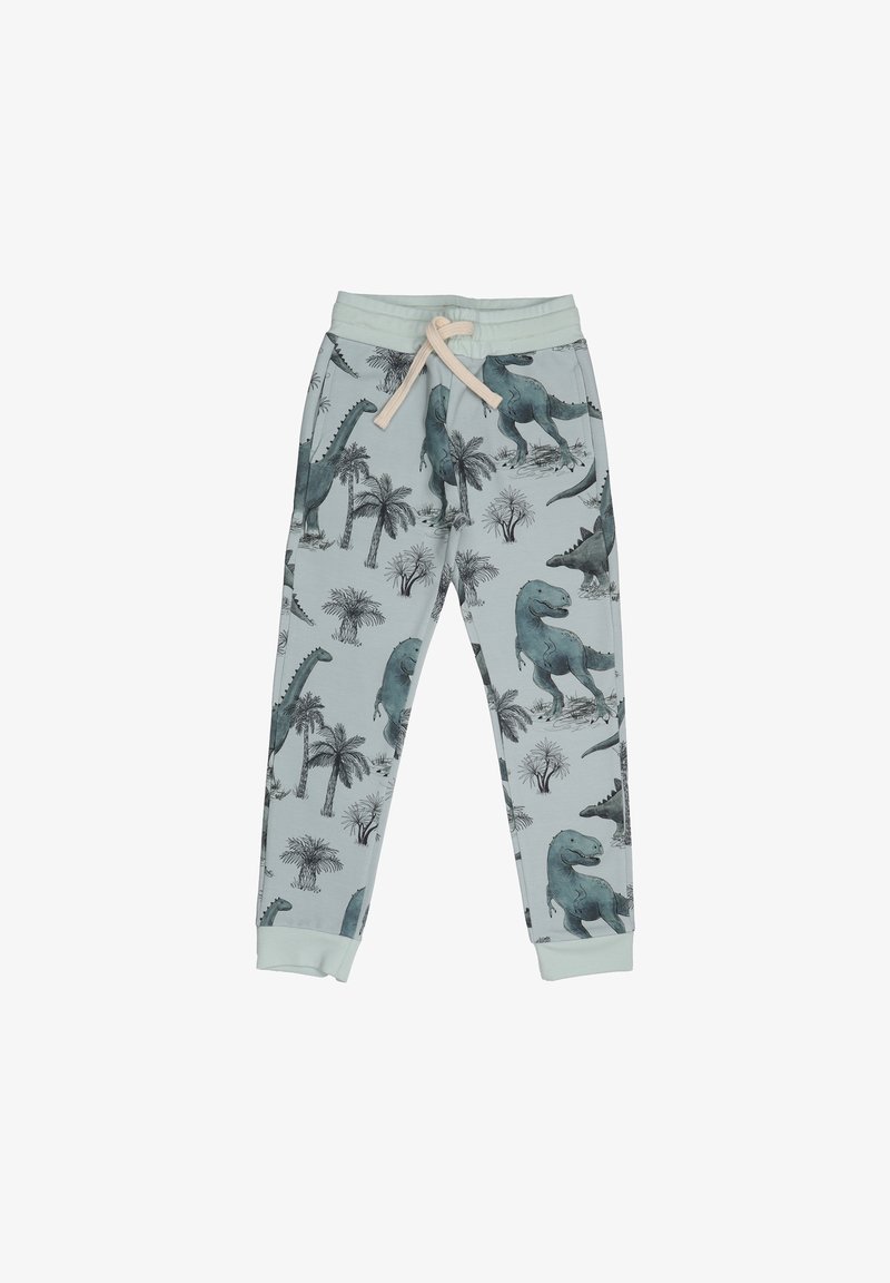 Light blue children's pants with dinosaur and palm tree prints, featuring an elastic waistband with drawstring and ribbed ankle cuffs.